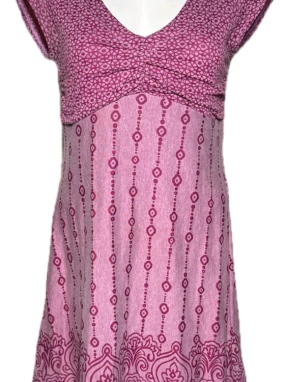 Athleta Pink Patterned V-Neck Midi Dress